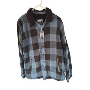 Grizzly Button Front Jacket Mens Large Blue Cotton Blend Check Fleece Lined New